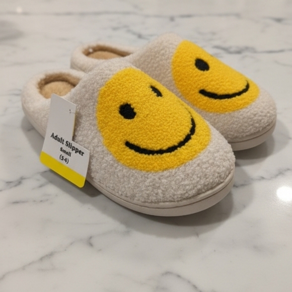 Shoes - Cozy Cream Slippers with Yellow Smiley Face